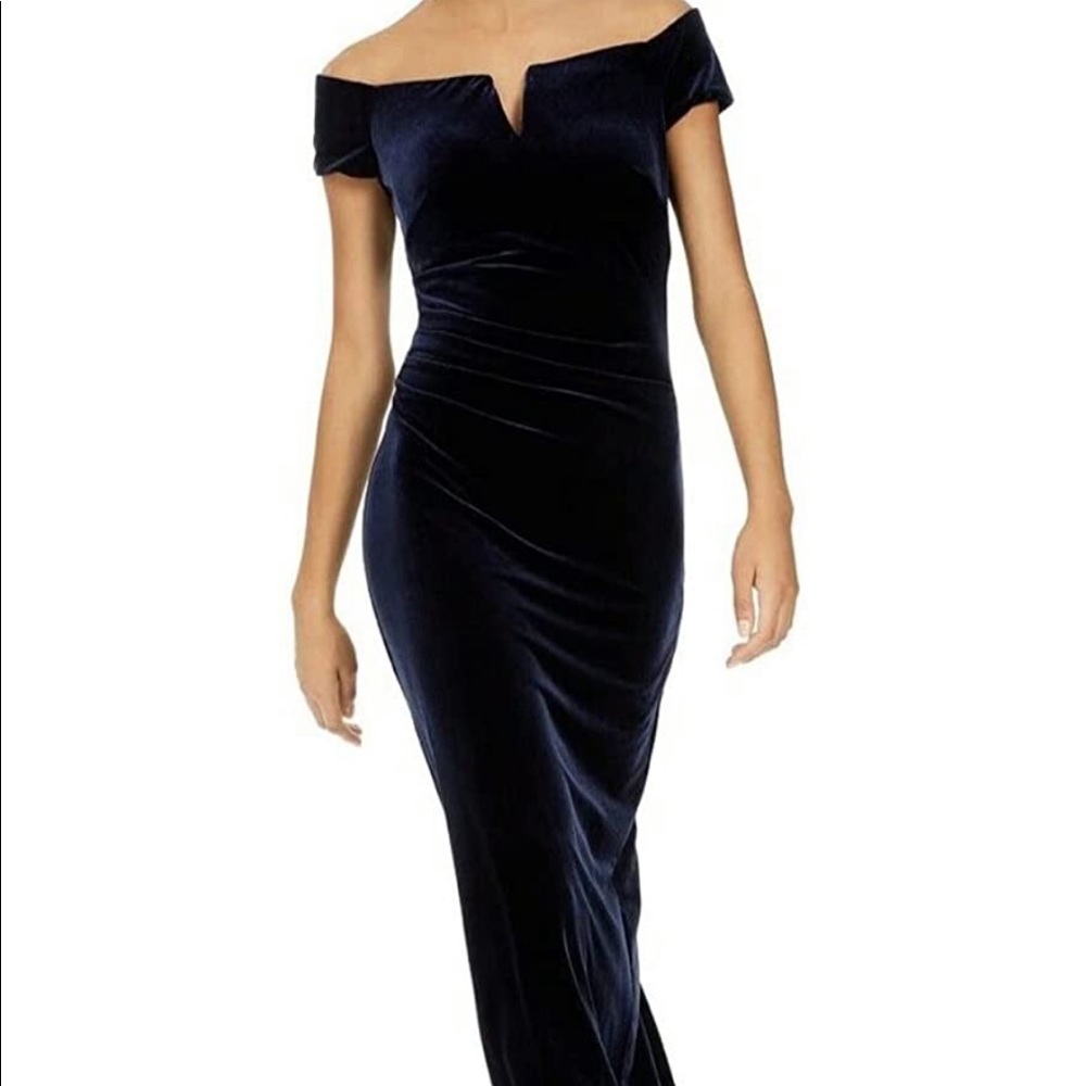 Xscape Ruched Off Shoulder Velvet Navy Dress